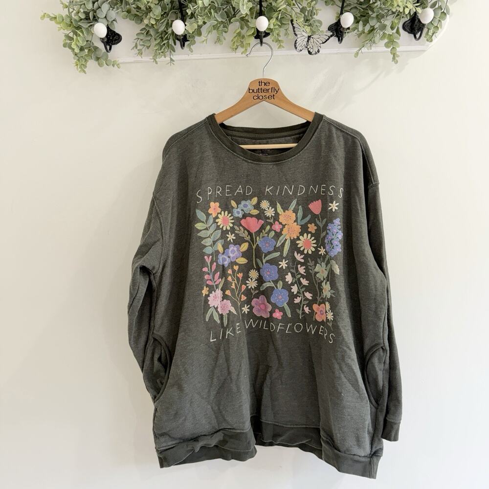 Natural Life Comfy Pocket Sweatshirt Floral XXL Green Gray Crew Neck J5855